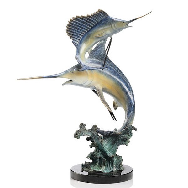 Keys Double Marlin Sailfish Statue Ocean Waves Gallery Brass Sculpture